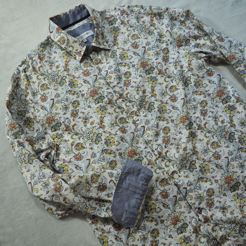 John Lennon Sz XL  White All Over Print Floral Dress Shirt Men Flip Cuffs